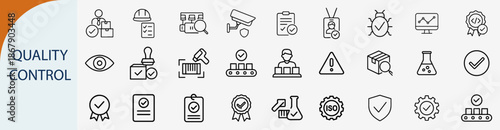 quality control icon set, manufacturing standards and business inspection vector illustration