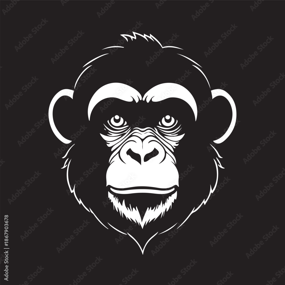 Fototapeta premium Minimalist black monkey head logo vector in bold monochrome style. Strong and expressive primate face design suitable for mascot logo, esport branding, animal emblem, tattoo design, sticker, apparel, 