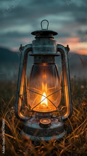 Glowing Lantern at Dusk in Mountain Meadow with Dramatic Sky