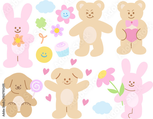 Pastel animals such as puppy, bunny and teddy bear, cloud, flowers, cupcake for pet shop, vet, zoo, stickers, cartoon, characters, mascot, floral, decoration, standee, patch, summer break, blossom