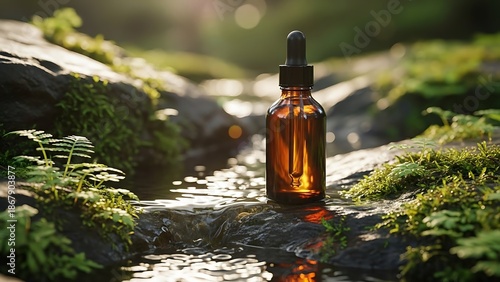 Amber dropper bottle nestled in tranquil mossy stream, symbolizing natural organic beauty and wellness essence
