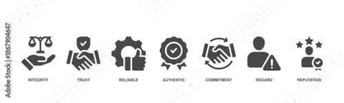 Credibility concept icon vector illustration with icon of integrity, trust, reliability, authentication, commitment, regard and reputation.