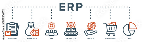 Enterprise Resource Planning web banner icon vector illustration with icon of inventory, financials, HRM, production, service, purchasing, and MRP.