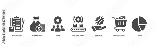 ERP concept icon vector illustration with icon of inventory, financials, HRM, production, service, purchasing, and MRP.