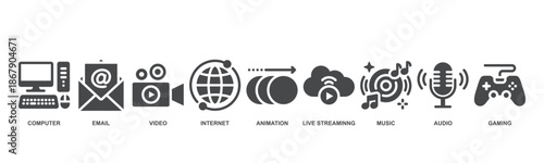 Multimedia concept icon vector illustration with icon of computer, email, video, internet, animation, live streaming, music, audio and gaming.