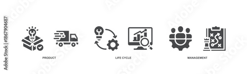 Product Lifecycle Management concept icon vector illustration with icon of innovation, development, manufacture, delivery, cycle, analysis, planning, strategy, and improvement.
