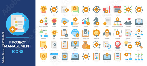 Project Management icons collection set covering planning, workflow, teamwork, productivity tools and more. Perfect for business strategy, scheduling, reports, and organization systems.