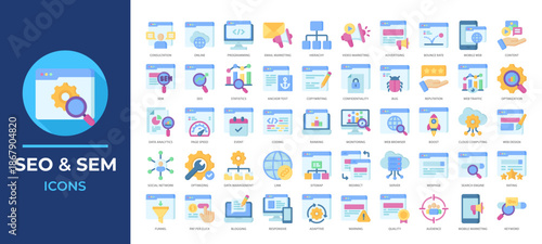 SEO and SEM icons set collection illustrating optimization, marketing, analytics, web ranking and more. Ideal for digital marketing, website dashboards, and content promotion projects.