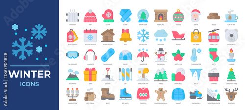 Winter season icons set collection featuring snow, clothing, holidays, cozy elements and more. Perfect for Christmas designs, seasonal marketing, and festive illustrations.
