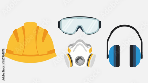 Essential collection of personal protective equipment including a safety hard hat goggles respirator mask and protective ear mufflers isolated.