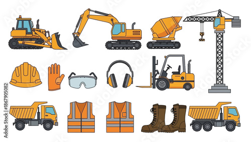 Collection of heavy construction machinery and essential personal protective equipment needed for industrial building site operations and safety compliance