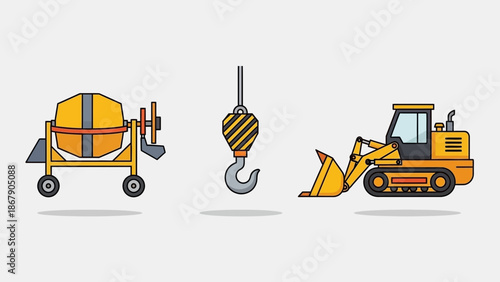 Collection of essential construction equipment icons featuring a bright yellow cement mixer a heavy duty crane hook and a tracked front end loader