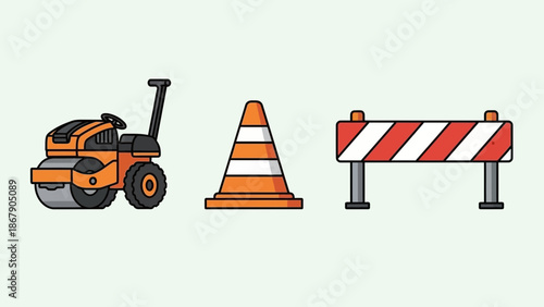 Construction equipment icons featuring an orange road roller alongside a traffic cone and a striped warning barrier for roadwork signs.
