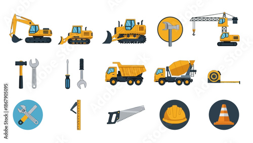 Collection of essential construction machinery vehicles heavy equipment and various hand tools needed for building projects and industrial maintenance tasks