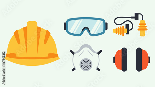 Collection of essential industrial personal protective equipment icons including a hard hat safety goggles respirator earplugs and earmuffs for construction safety concept.