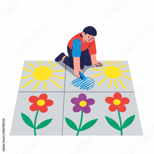 Child Planting Flowers with Rake Illustration.