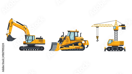 Collection of yellow construction vehicles including an excavator a bulldozer and a mobile tower crane isolated on white background for industry concepts