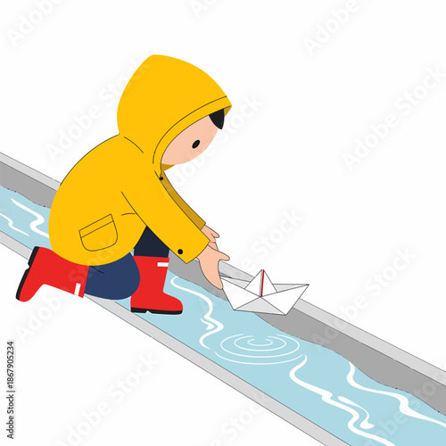 Child Playing with Paper Boat in Water.