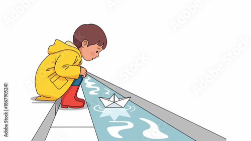 Child Playing with Paper Boat in Water.