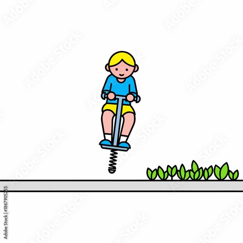 Child Riding Pogo Stick Outdoor Activity.
