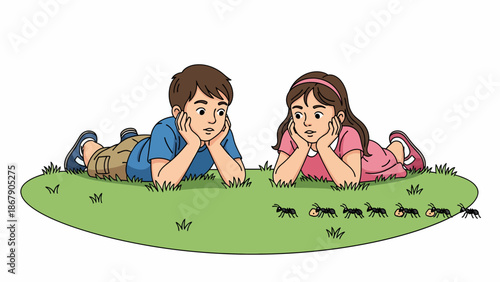 Children Lying on Grass Reading Books.
