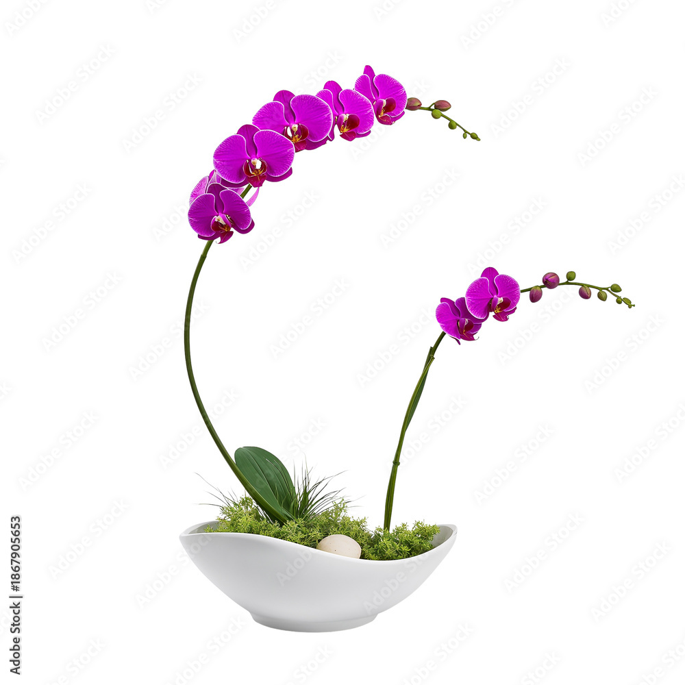 Naklejka premium Elegant Purple Orchid Plant in a White Pot with Moss and Stone - Studio Shot