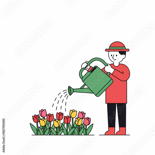 Gardener Watering Tulips with Green Watering Can.