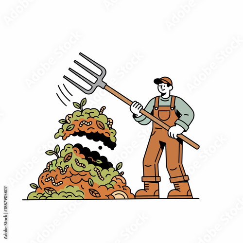 Gardener Turning Compost with Pitchfork.