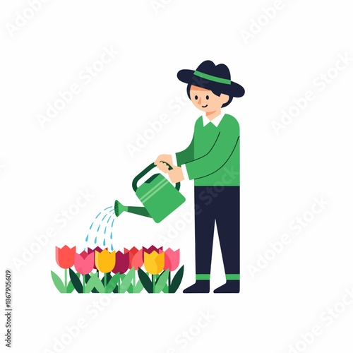 Gardener Watering Tulips with Green Watering Can.