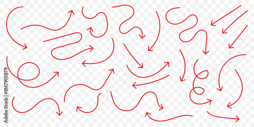 curved line arrows set. Hand drawn line doodle. curved pointers sign. Spiral dotted line arrow