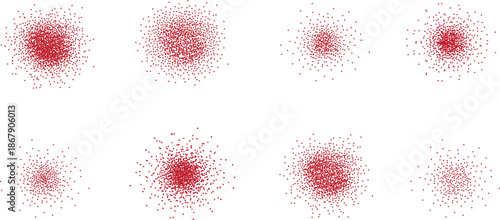 Abstract red dotted burst shapes on white background. Soft radial spray and particle explosion effects creating light glow and focus elements. Minimal modern design suitable for backgrounds.
