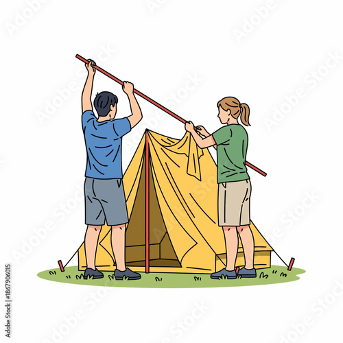 Man and Woman Assembling Yellow Camping Tent.