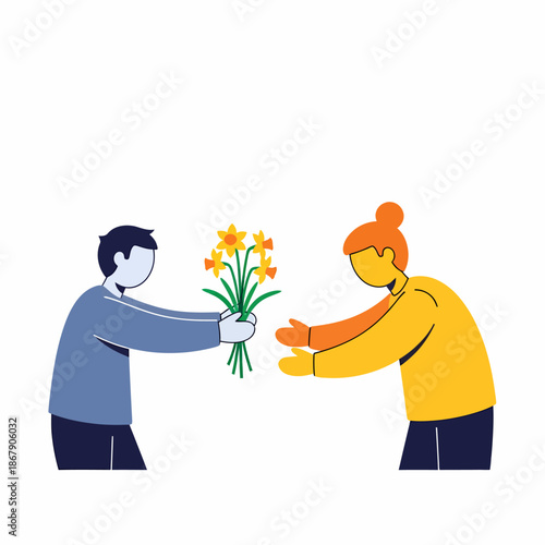 Man and Woman Exchanging Yellow Flowers.