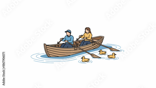 Man and Woman Sailing Wooden Boat.