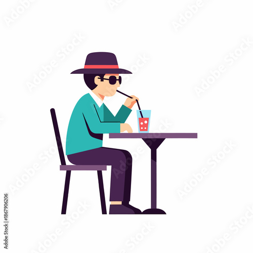 Man Drinking from a Straw at Table.