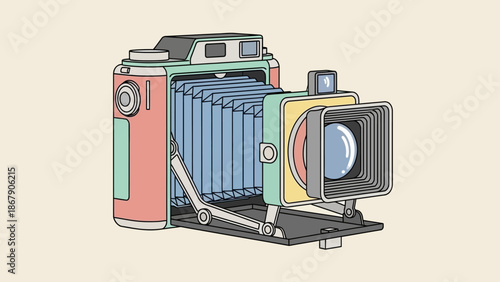Vintage bellows folding camera with retro design and pastel colors.