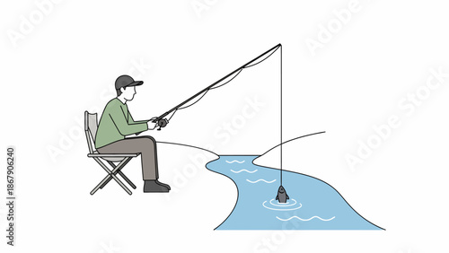 Man Fishing from Chair on Water.