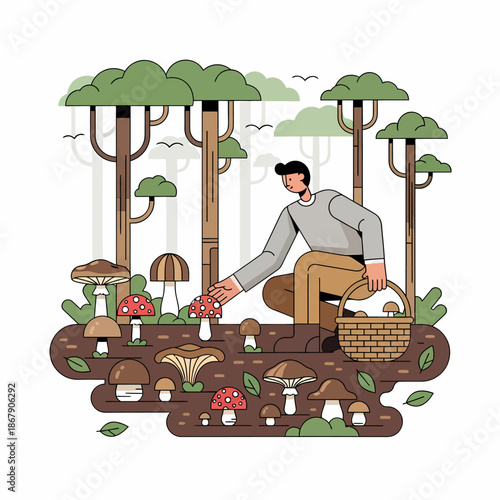 Man Foraging for Mushrooms in Forest Floor.
