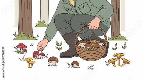 Man Foraging for Mushrooms in Forest.