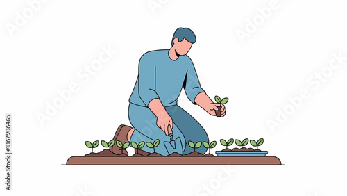 Man Kneeling Planting Seedlings in Garden Soil.