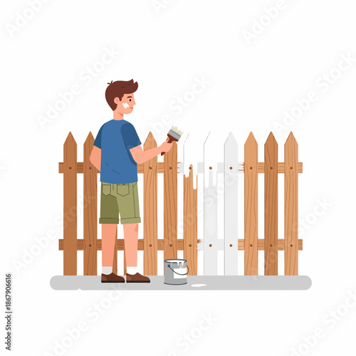 Man Painting Fence with Paint Roller.