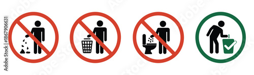 Keep Clean Sign Vector Illustration, Indicating Proper Disposal of Rubbish, Waste, and Garbage in Bin, Do Not Throw Trash in Toilet, Throw Out Trash Icon for Public Awareness.