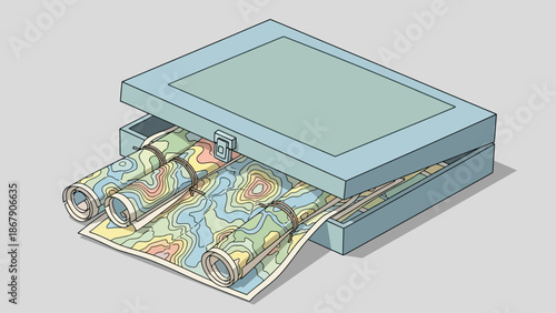 Illustration of a flatbed scanner scanning a colorful topographic map.