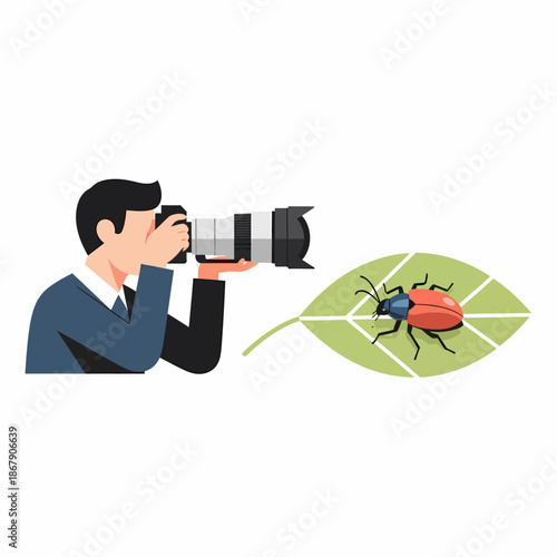 Man Photographing Insect with Camera Lens.