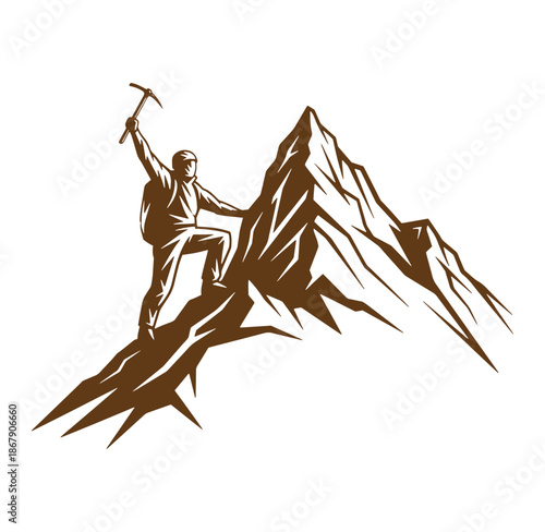 Illustration of a triumphant mountaineer conquering a rocky mountain peak with ice axe