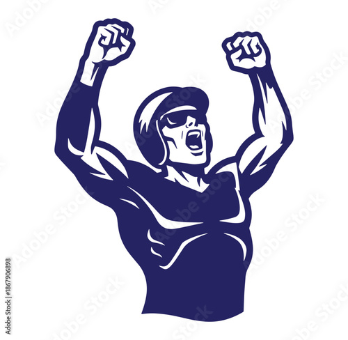 Muscular athlete celebrates victory with raised arms and fists in a bold vector graphic