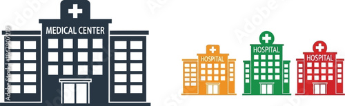 Hospital and medical center building icons flat design silhouette on transparent background