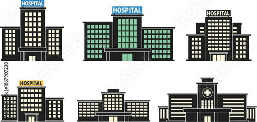 Collection of hospital building silhouettes on transparent background