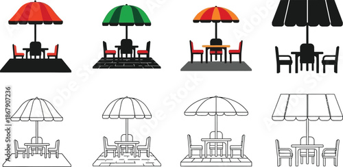 Colorful and outlined beach umbrellas with tables and chairs silhouette on transparent background