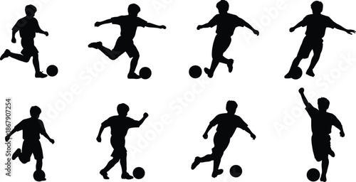 Collection of soccer players in dynamic poses on transparent background silhouette
